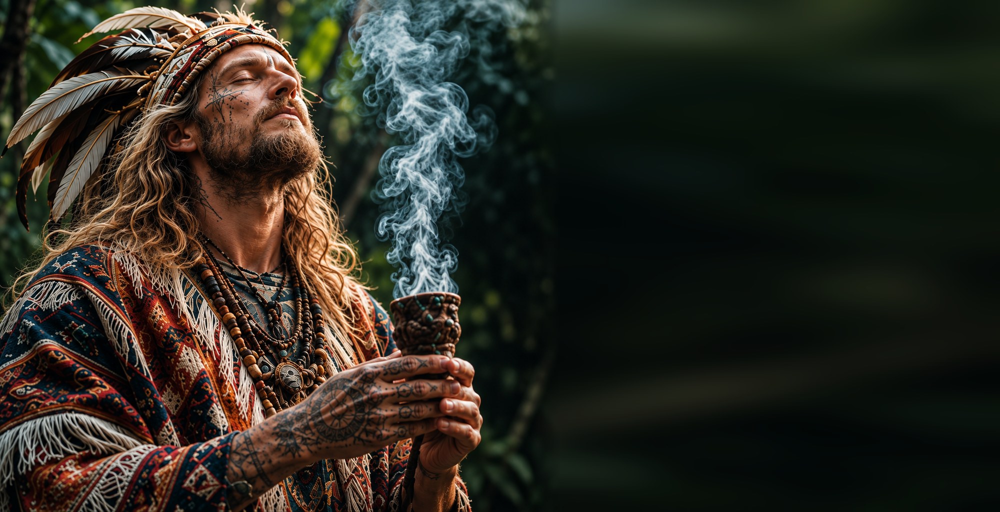 A man in a feathered headdress and woven poncho holds a smoking vessel in a jungle, eyes closed